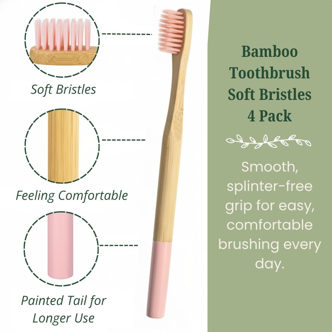 Bamboo Toothbrush Soft Bristles 4 Pack – Eco-Friendly, Natural Wooden Handle, BPA-Free, Vegan, Biodegradable, Plastic-Free Packaging, Family Set