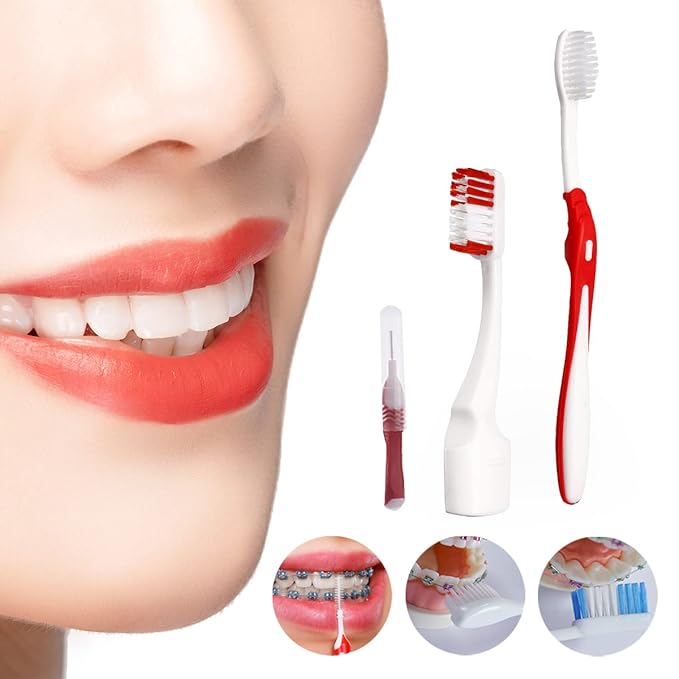 Braces Cleaning Kit for Teeth, Portable Orthodontic Toothbrush Kit Oral Care Dental Travel Kit - Interdental Brush Dental Wax Dental Floss Toothbrush Box (Red)