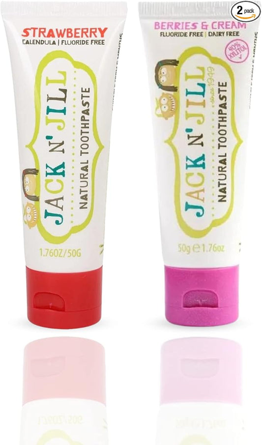 Jack N' Jill Natural Toothpaste for Kids - Fluoride Free Toothpaste, 40% Xylitol, BPA Free - Strawberry & Berries N' Cream, 1.76 oz (Pack of 2)