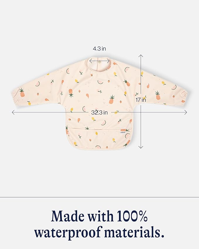 Lalo Smock Bib - Long Sleeve Bib for Infants and Toddlers - Elastic Cuffs, Large Catch-All Pocket, Waterproof Recycled Polyester - Easy to Clean for Mealtime - Fruit Print Grapefruit Infant