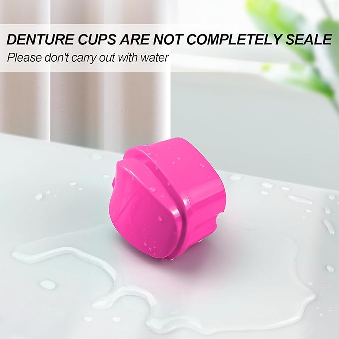 2 Pack Colors Denture Bath Case Cup Retainer Cleaner Holder Case False Teeth Soaking Container Dental Bath Storage Box Case with Strainer Basket and Brush - Rose Red & Black