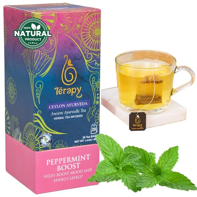 Térapy Ceylon Peppermint Tea | All Natural Herbal Ingredients | 100% Organic Peppermint Tea Bags Individually Wrapped | Eco-friendly & Unbleached Herbal Tea Bags | 20 Count