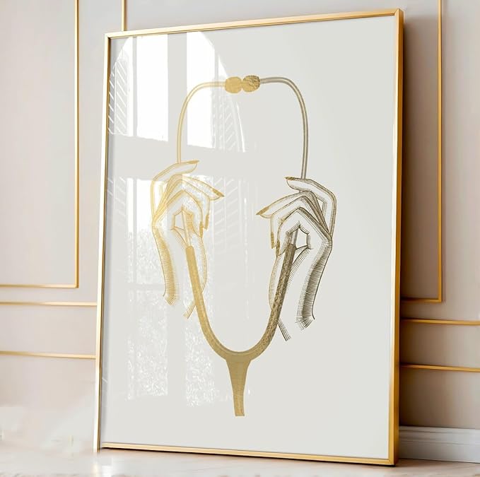 NATVVA Canvas Painting 3 Pieces Syringe Thermometer Stethoscope Art Posters Med Student Gold Prints Wall Art Pictures for Clinic Decor with Wooden Inner Frame