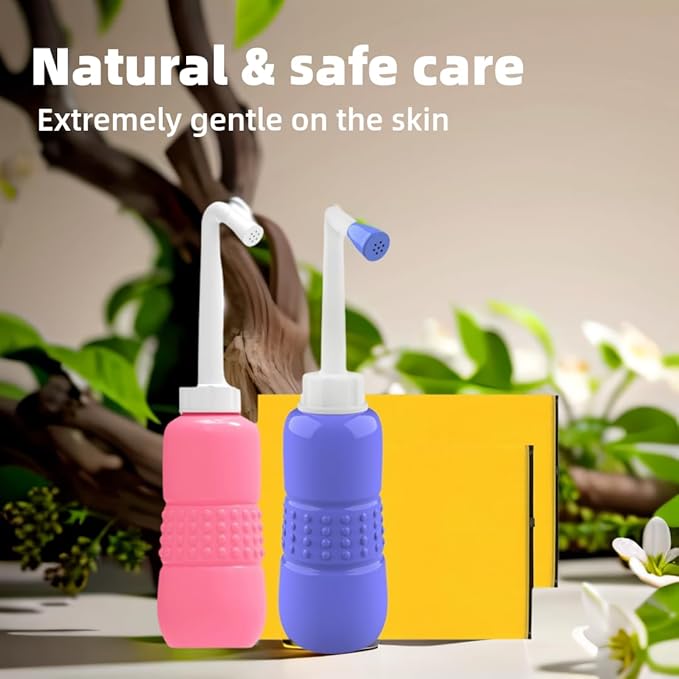 Upside Down Peri Bottle for Postpartum Care, Portable Bidet Bottle with Travel Bag, Handheld Perineal Sprayer,Reusable Douche Bottle for Women,Men,Baby,Personal Hygiene 450ml-2Pack(Green Pink)