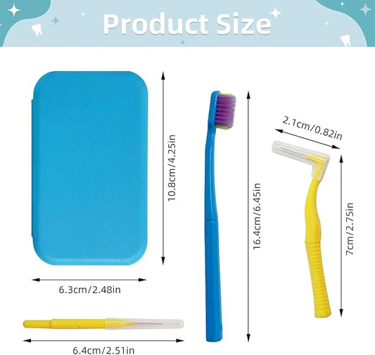 3-Pack Dental Care Kit - Angled Orthodontic Toothbrush, Interdental Brush, and Standard Toothbrush with Travel Case, Soft Bristles for Braces and Teeth Cleaning
