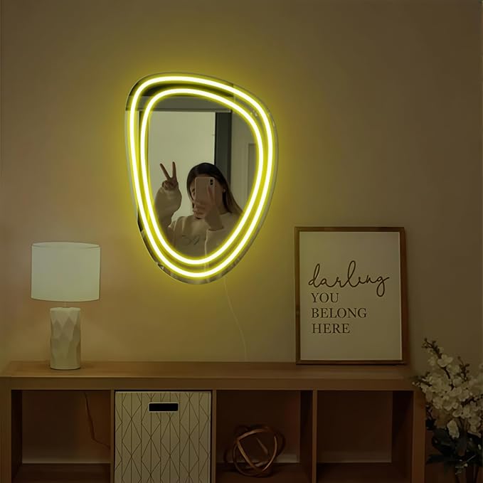 LED Mirror Neon Lights Light Up Dressing Mirror Cat/Shine Heart/Bat/Butterfly Shape Neon Mirror Sign for Modern Home Girl Room Bathroom Salon Wall Art Decor Gift For Girlfriend USB Powered