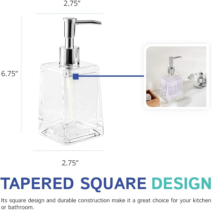 Huang Acrylic Clear Square Tapered Soap Dispenser Crystal Clear Acrylic | Sturdy and Elegant Construction Makes it Perfect for Kitchen or Bathroom | Shatter-Proof, Durable and Compact Design