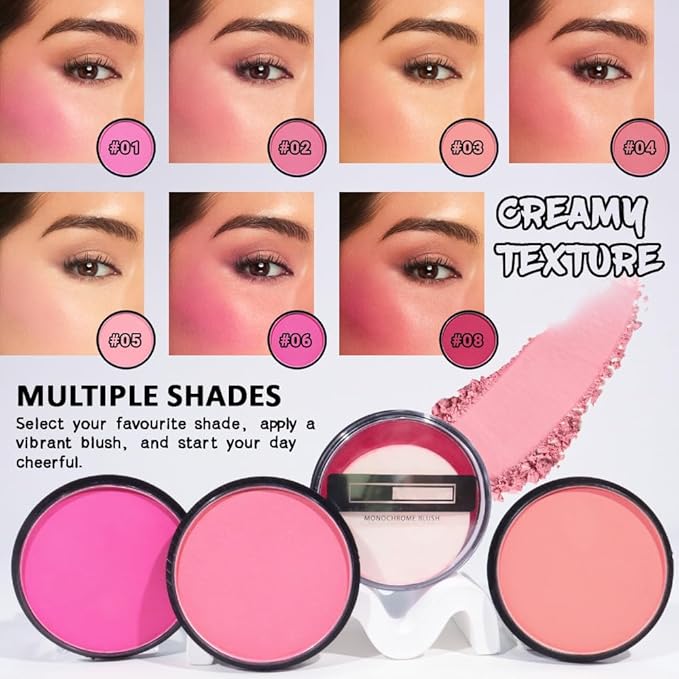 Natural Single Matte for Face Cheeks Blush with Makeup Powder Puff, Nude Pink Monochrome Blush Cream Powder Makeup Palette Blushes Long-lasting Color Blendable Foundation for Women Every Day 05