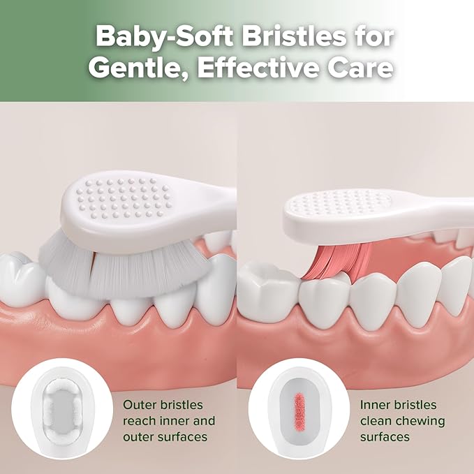 haakaa Dinosaur Toothbrush for Kids 2-4 – Soft Bristles Baby Toothbrush with Silicone Handle, Non-Slip Grip & Tongue Cleaner | BPA-Free, Fun Training for Toddlers - Pink, 1 Count