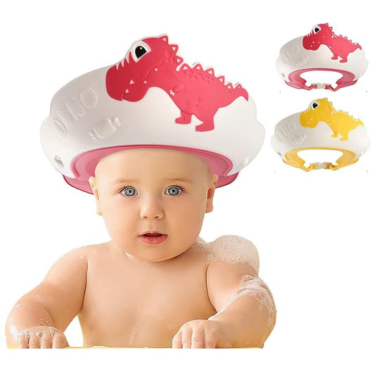 FUNUPUP 2 Pack Kids Shower Cap, Adjustable Toddler Hair Washing Bathing Cap Shield Visor Shampoo Cap Protect Baby Eyes (Dinosaur Red + Dinosaur Yellow)