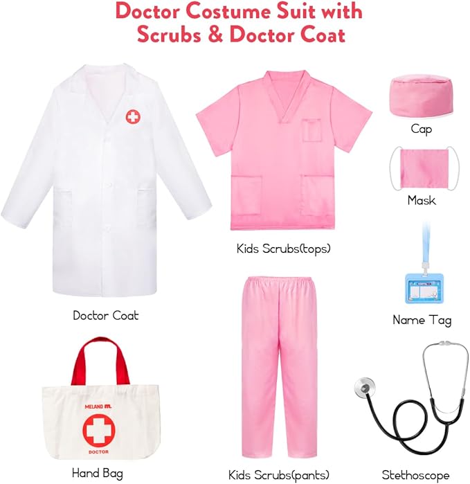 Meland Doctor Costume for Girls - Kids Scrubs with Lab Coat & Carry Bag, Doctor Dress Up for Halloween, Career Day Role Play