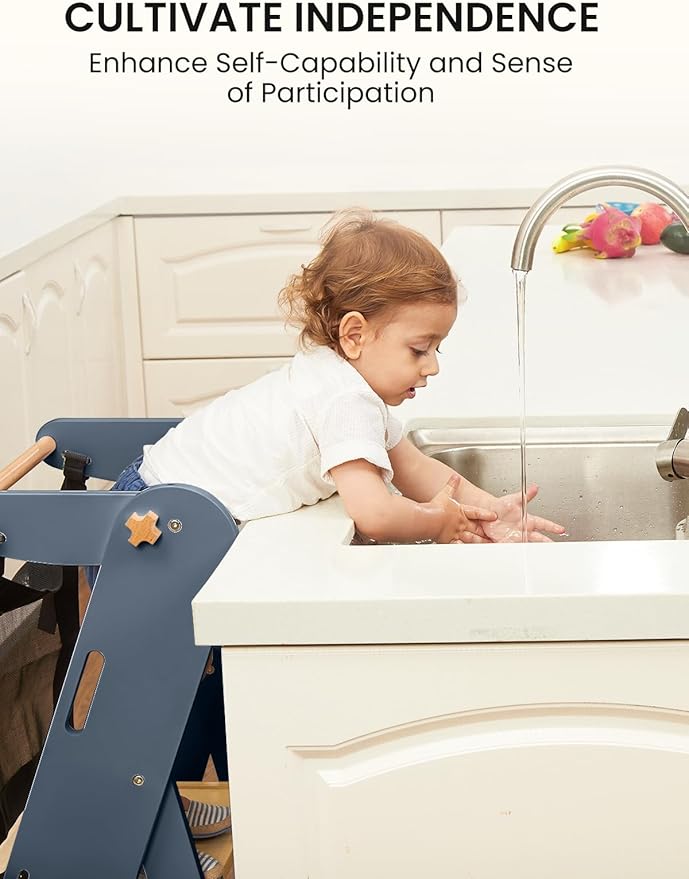 GROWNSY Foldable Step Stool Toddler Tower, Toddler Kitchen Stool Helper, Collapsible Kids Standing Tower with 3 Adjustable Heights and Safety Net for Kitchen Bathroom Sink Counter (Blue Gray)