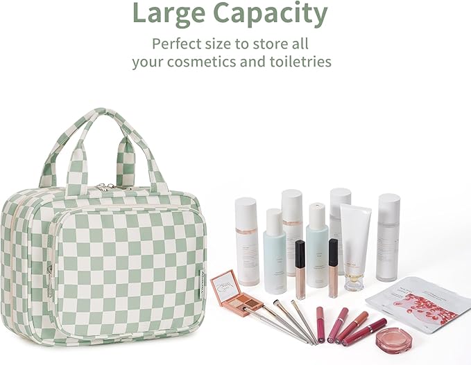 Narwey Hanging Toiletry Bag for Women Travel Checkered Makeup Bag Organizer Toiletries Bag for Travel Size Essentials Accessories Cosmetics (Mint Green Checkerboard (Medium))