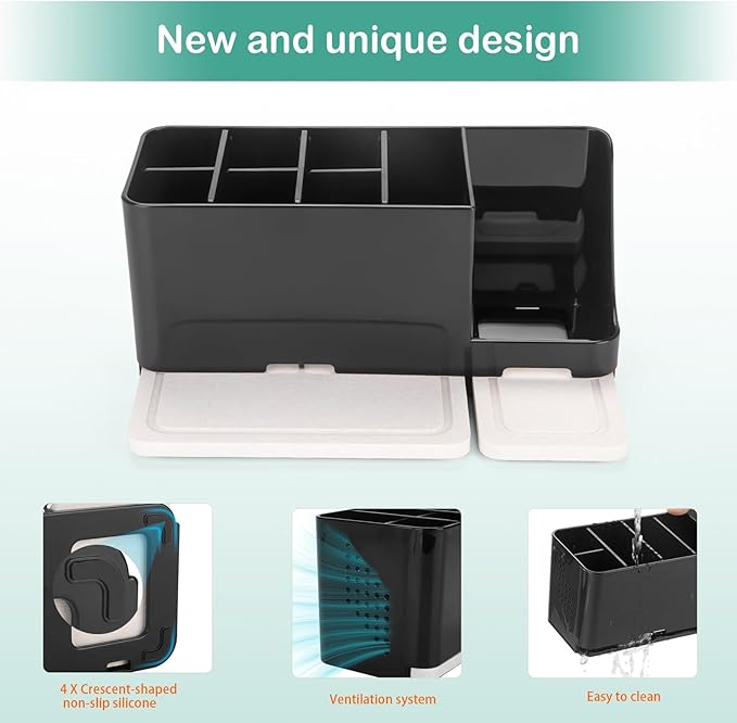 Toothbrush Holder for Bathroom Organizer with Diatom mud Board，Detachable 8 Slots Kids Electric Toothbrush Holder and Toothpaste Stand for Countertop Accessories Storage (Black)