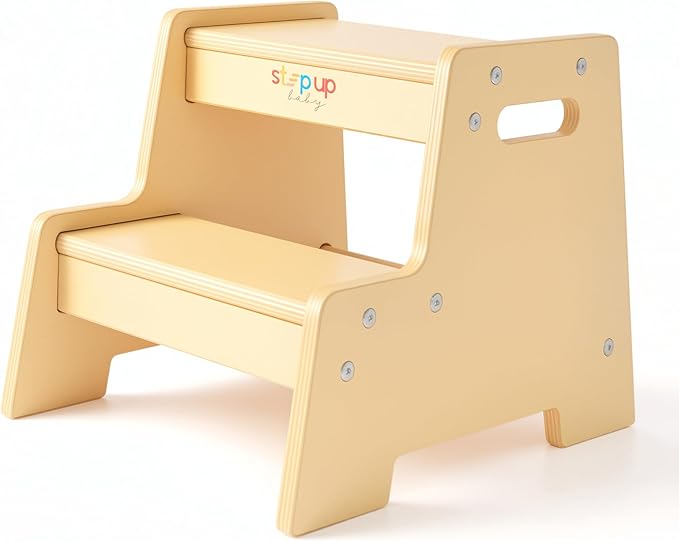 Stepup Baby Wooden Step Stool for Kids Varnished – 2-Step Toddler Stool with Handles, Birch Plywood, Anti-Tip Base & Rounded Corners – Bathroom Sink & Countertop Step Stool