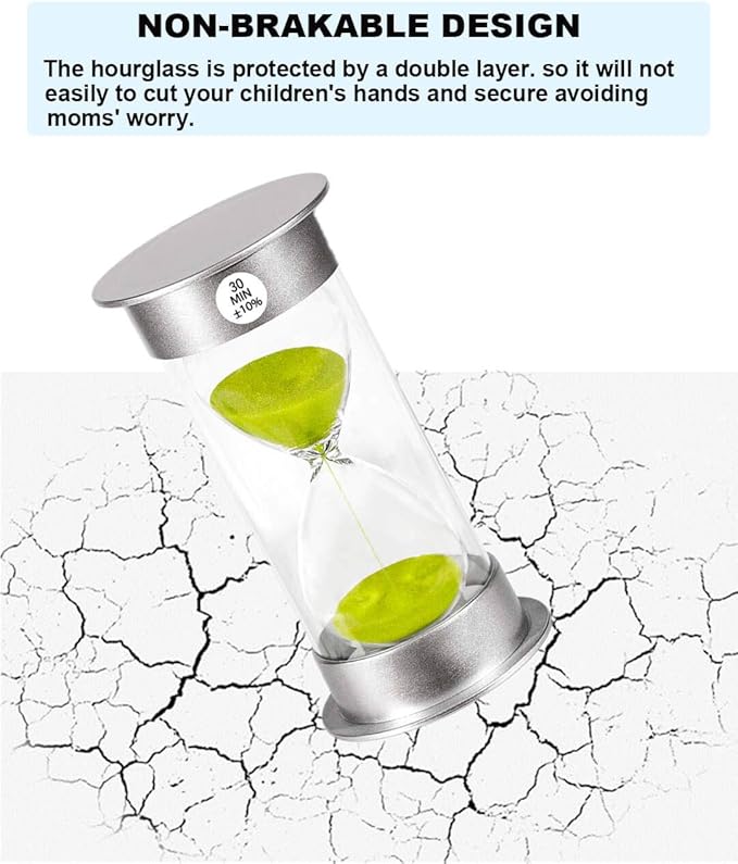 Sand Timer 30 Minute Hourglass Timer, Silver Plastic Sand Clock 30 minutes, Silver Sand Watch 30 Min, Hour Glass Sandglass Timer for Kids, Games, Classroom, Kitchen, Decorative (30 Min, Green Sand)