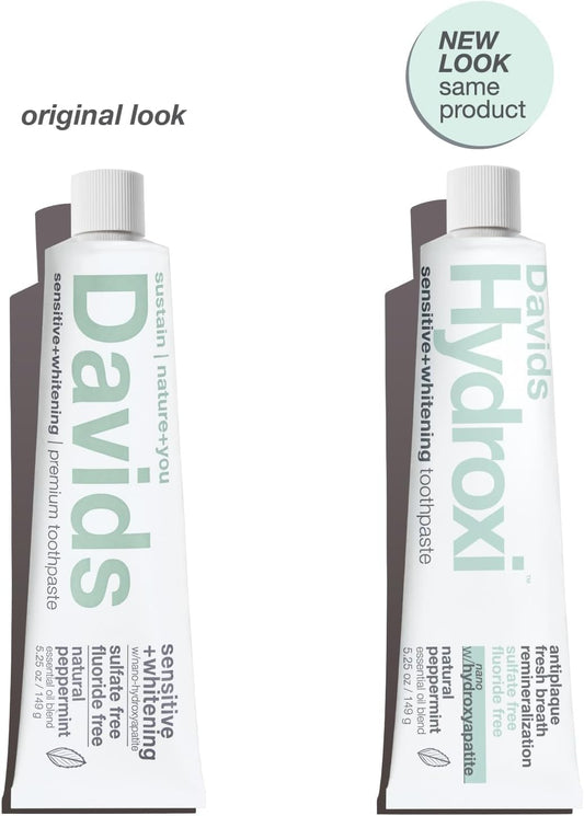 Davids Hydroxi Fluoride Free Nano Hydroxyapatite Toothpaste for Remineralizing Enamel & Sensitive Relief, Whitening, Antiplaque, SLS Free, Natural Peppermint, 5.25oz, Made in USA (3 Pack)