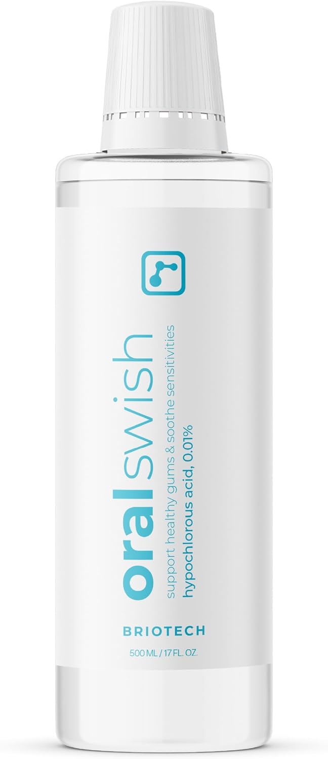 BRIOTECH Oral Swish, Hypochlorous Acid Mouthwash Rinse, Gentle Oral Care Hygiene, Fight Bad Breath, Support Against Plaque, Gum Irritation & Tender Gums, Alcohol & Fluoride Free, 17 fl oz