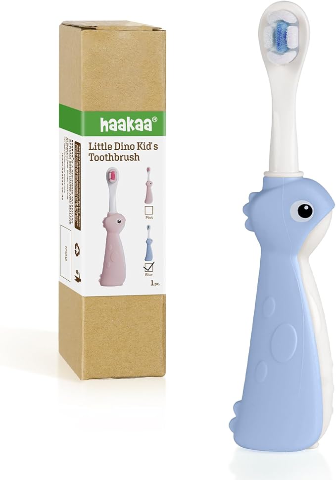 haakaa Dinosaur Toothbrush for Kids 2-4 – Soft Bristles Baby Toothbrush with Silicone Handle, Non-Slip Grip & Tongue Cleaner | BPA-Free, Fun Training for Toddlers - Blue, 1 Count