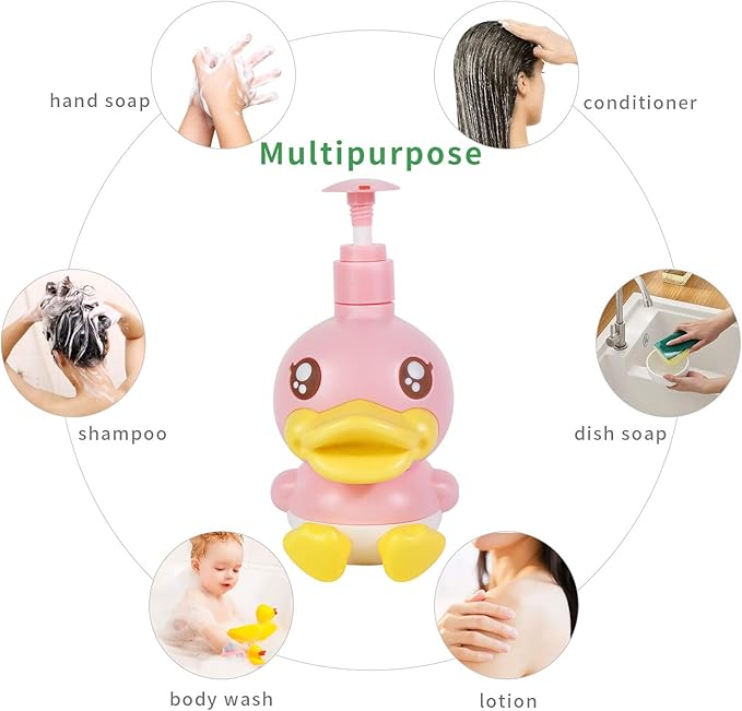 Cute Soap Dispenser for Kids Gift,Bathroom Kitchen Countertop Vanity Top Dispenser fit Body Lotion Shampoo Shower Hand Sanitizer Animal Pink B Duck Themed Soap Bottle with Pump Bath Accessories