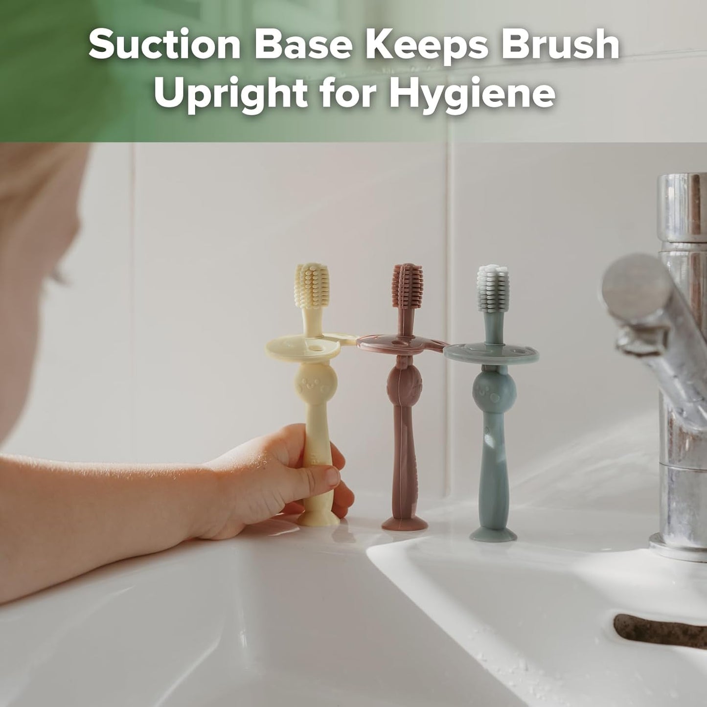 haakaa 360° Baby Toothbrush with Suction Base - Gentle Cleaning for Infant Self-Brushing Training, Food-Grade Silicone, Adjustable Safety Shield - Pea Green (1 Piece)