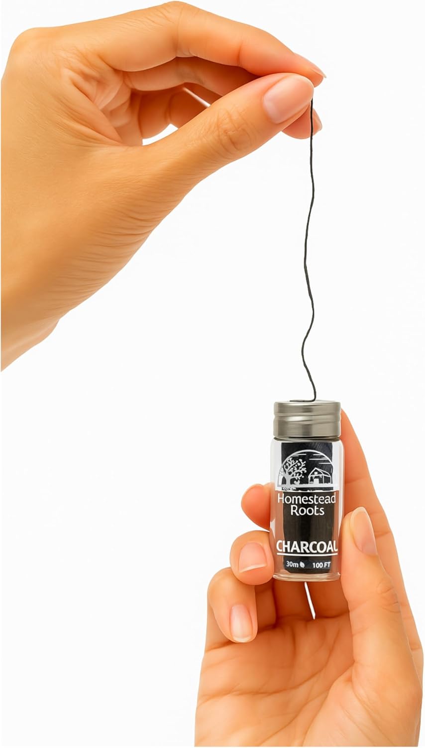 Natural Bamboo Dental Floss 4 Pack - Refillable Glass Containers (100 Feet Each) - Zero Waste, Vegan, Non Toxic, Extra-Strong Charcoal-Infused Floss