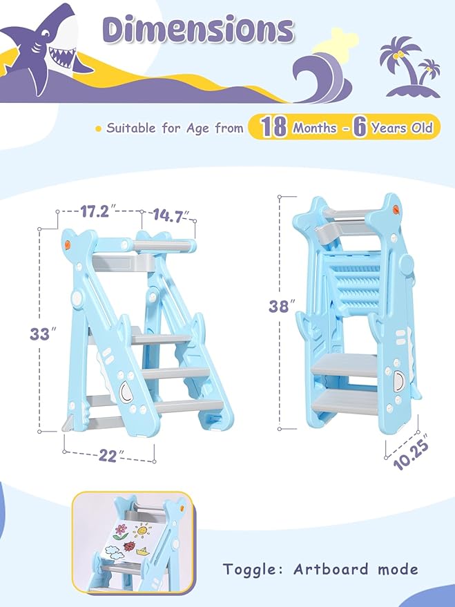 VBABY Foldable Toddler Tower, Plastic Kitchen Stool Helper for Kids, Adjustable Height Standing Tower, Certified Toddler Step Stool, Blue
