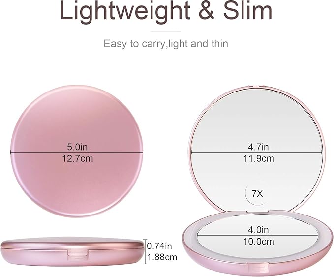 Gospire 5" Lighted Travel Makeup Mirror 1X/7X Magnifying Double Sided, Super Large LED Compact Portable Handheld Pocket Illuminated Cosmetic Vanity Mirror with Battery for Makeup Bag