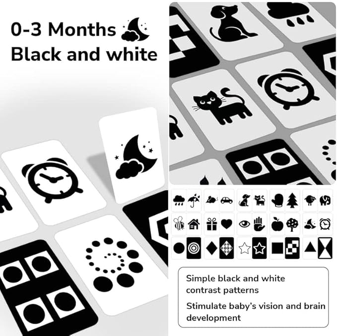 QUOKKA 60 High Contrast Baby Flash Cards 36 Months - Black & White Toddler Flashcards 36 Months in a Bag - Learning Visual Stimulation Pictures for Infants - Gift Sensory Development Toys for Newborn