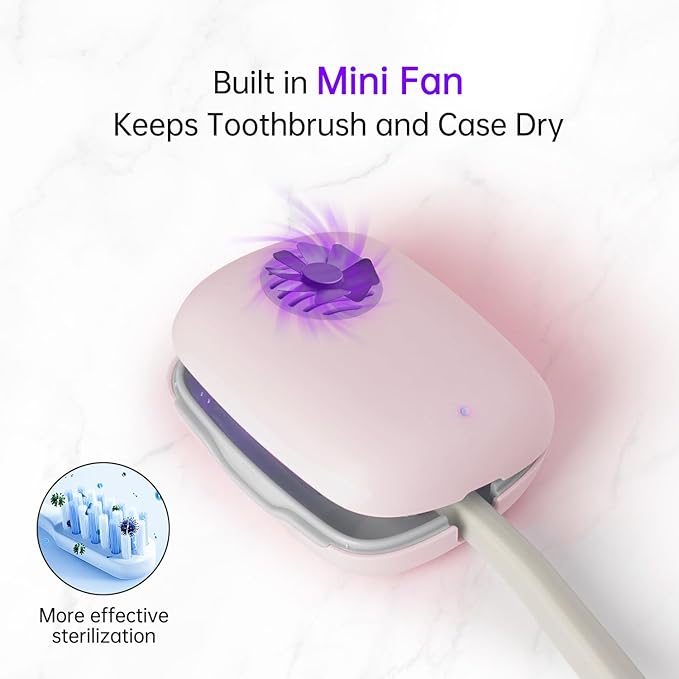 Toothbrush Holder, Toothbrush Cleaner Case, Portable USB Charging Toothbrush Cover with U V-C Light, Travel Toothbrush Holder (Pink-Fan)