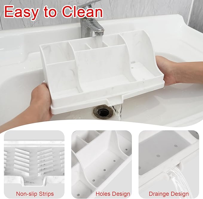 Large Size Silicone Tooth Brush Holder for Bathroom with Drainage, White Marble Toothbrush Holders, Easy Clean Bathroom Countertop Organizer Detachable Makeup Organizer for Vanity