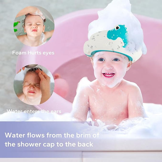 FUNUPUP Baby Shower Cap for Kids with Bath Rinse Cup, Adjustable Toddler Hair Washing Shield Hat Baby Bath Visor Shampoo Hat for Toddlers 6M-9T（Dinosaur Blue)