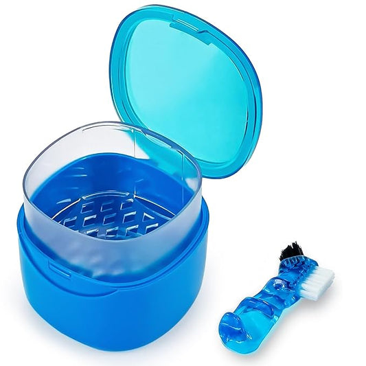 Denture Cleaning Case Dental Retainer Container Soaking Cup with Brush, Denture Storage Bath Box Case Cup Mouthguard Storage Holder Travel - Leak Proof with Lid Waterproof - Blue