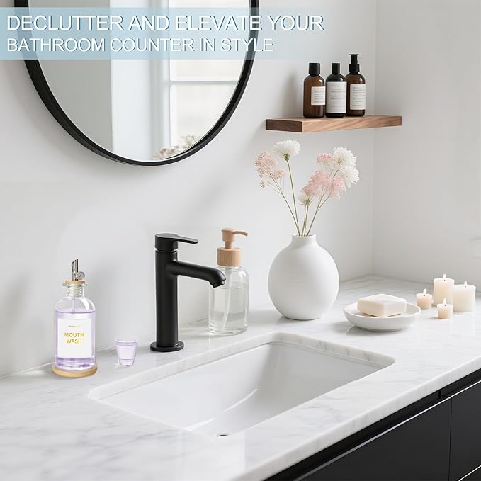 RELBRO Glass Mouthwash Dispenser for Bathroom, 11.8 OZ Refillable Mouthwash Container with Cup, Auto Pour Spout, Bamboo Tray, Funnel, Stickers, Clear, 1 Pcs