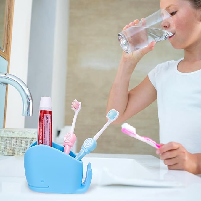 2Pcs Cute Kids Whale Toothbrush Holder, Toddler Fun Ocean Animal Toothbrush Organizer, Blue and White, Silicone Whale Bathroom Decor