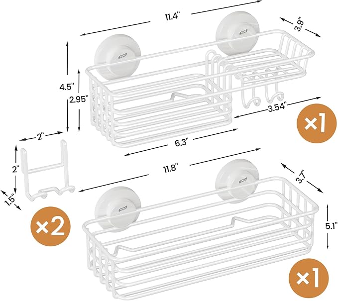 LEVERLOC Shower Caddy Suction Cup, 2 Pack Shelves for Inside with Hooks and Soap Holder, NO-Drilling Bathroom Holder, Rustproof Meatl Bathroom Organizer, White