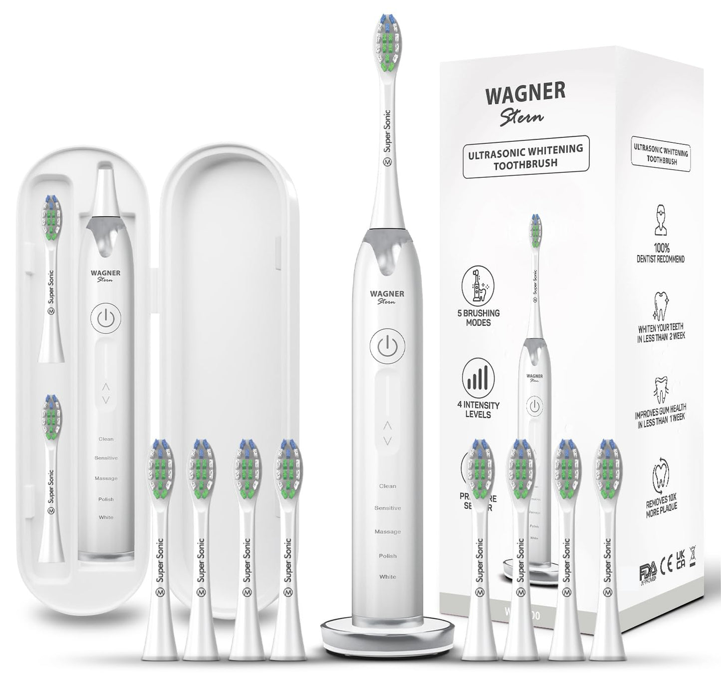 Wagner Stern Ultrasonic whitening Toothbrush with Pressure Sensor. 5 Brushing Modes and 4 Levels of Intensity, 8 Soft bristles, Travel case.