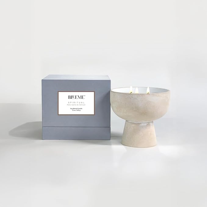 BLUEME Spiritual-Palo Santo & Vetiver, 2 Wick, Refillable Wellness Candle, Contains Essential Oil, Sustainable, Hand Finished, Hand Poured, Premium, Luxury Ceramic, Natural Cotton Wick, Soy-Wax Blend