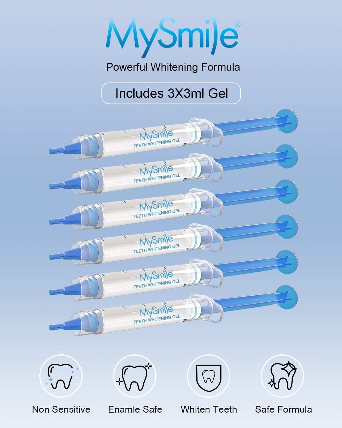 MySmile Teeth Whitening Gel Refills Pack, 6 Non-Sensitive Tooth Whitening Gel for White Teeth, Teeth Whitener Dental Grade Tooth Stain Remover for Tray, 10 min Fast Result Whitening
