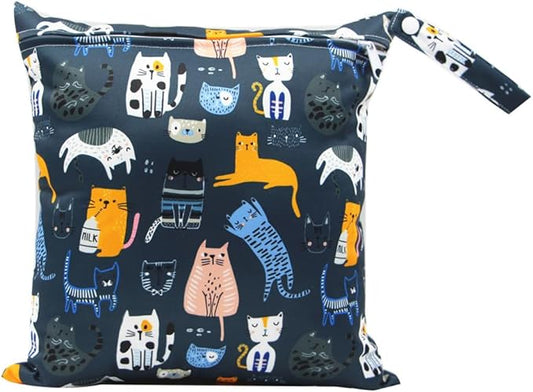 Waterproof Wet Dry Bag, Reusable Diaper Pouch with Zipper, Machine Washable Travel Organizer for Beach, Daycare, Kids, Dinosaur Pattern (Blue Cat)