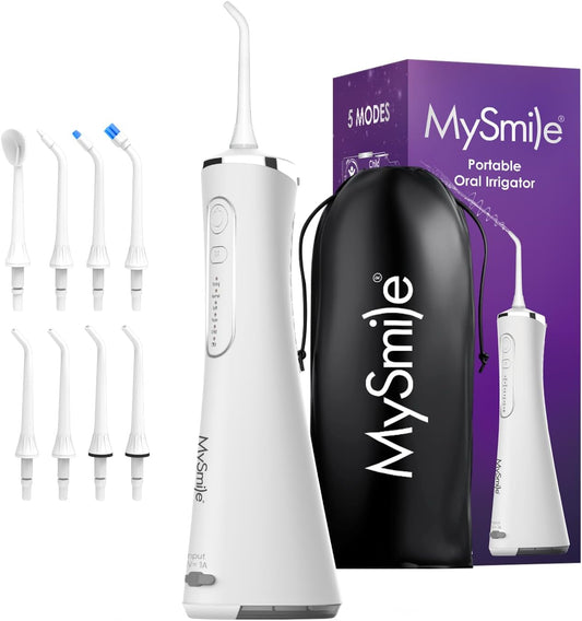 MySmile LP211 Cordless Water Flossers, Portable Rechargeable Oral Irrigator for Teeth Cleaning, 5 Cleaning Modes, IPX7 Waterproof, 8 Replacement Tips and a Storage Pouch (Pearl White)