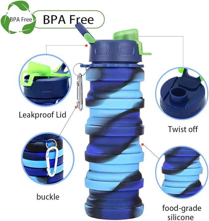 Silicone Collapsible Water Bottles, 16oz 500ml Portable Foldable Expandable Water Bottle Sports Cups, Leak Proof Reusable BPA Free, for Outdoor Activities Travel (2# Blue)