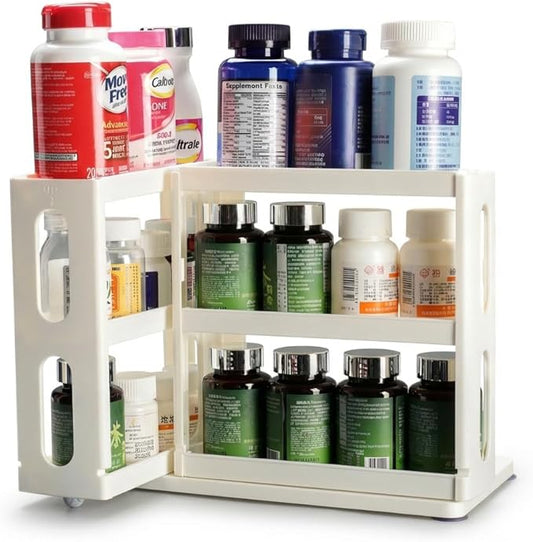 Medicine Organizer 2 Three-Decker Shelves Cabinet Storage Rack Organizer for Holding Vitamins, Supplements Cosmetics (9”H x 5.8”W x 10.4”D) (Natural White)