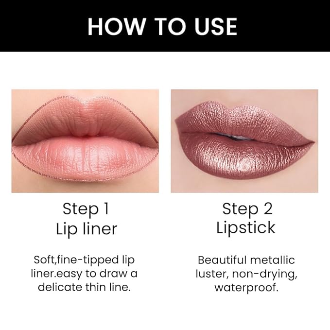Kaely 2-in-1 Nude Brown Metallic Shine Shimmer Lip Liner & Lipstick Combo Set Kit for Women, Lightweight Hydrating Formula High Impact Full Coverage Lipstick and Lip Liner Makeup Gloss 18