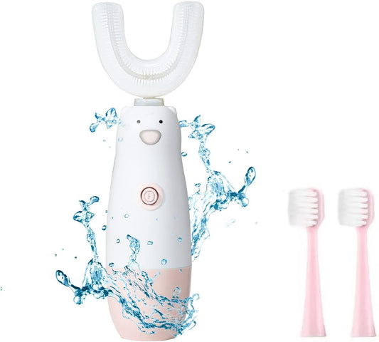 Kids Electric Toothbrush，U Shaped toddler Toothbrush Waterproof Battery Powered 360 Automatic Sonic u shaped Toothbrushes for 2-7 Years Old for Boys Girls，with 2 Replacement Brush Heads（Pink）