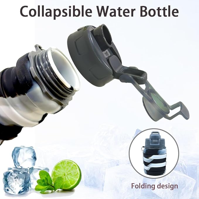 Silicone Collapsible Water Bottles, 16oz Portable Foldable Expandable Water Bottle Sports Cups, Leak Proof Reusable BPA Free, for Outdoor Activities Travel(Black white)