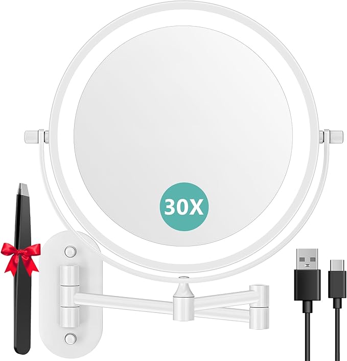 1X/30X Wall Mounted Makeup Mirror with Light, 8" Rechargeable Double-Sided Magnifying Mirror, Vanity Mirror Dimmable 3 Color Light, 360° Extension Rotation Foldable 14.5 Inch Arm, White