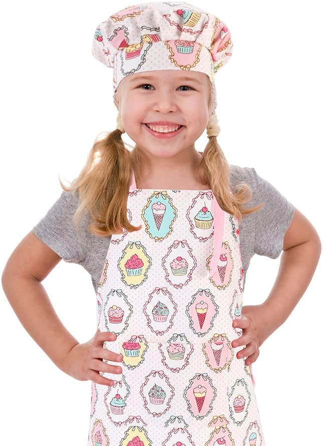 Kids Apron and Chef Hat Set, Adjustable Cotton Child Aprons with Large Pocket Cute Girls Boys Kitchen Bib Aprons for Cooking Baking Painting