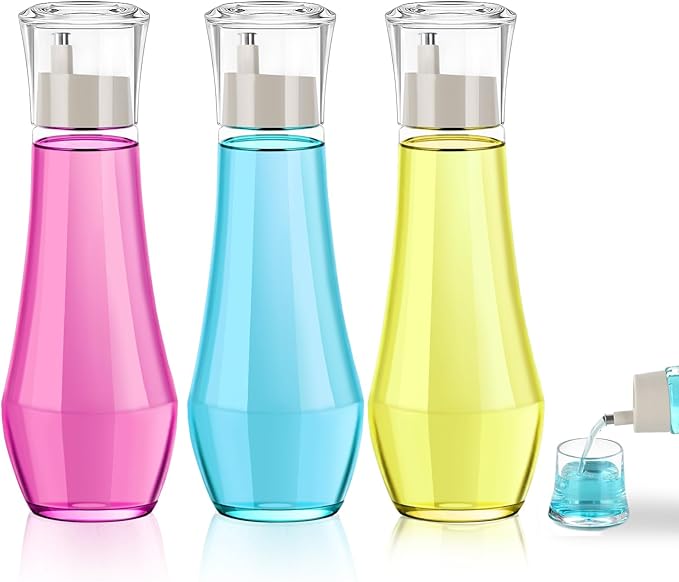 Glass Mouthwash Dispenser for Bathroom, Mouth Wash Container Bottle with Lid Cup, Small Clear Refillable Mouthwash Dispenser Decanter for Countertop (3 Pack/ 8.8OZ)