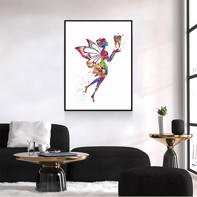 HFKSRJGW Decor Medical Art,Tooth Fairy Watercolor Print Dental Art Dentist Poster Teeth Anatomy Stomatology Decor Clinic Wall Decor Medical Art Dental Office Art,16"x24"Framed Wall Art